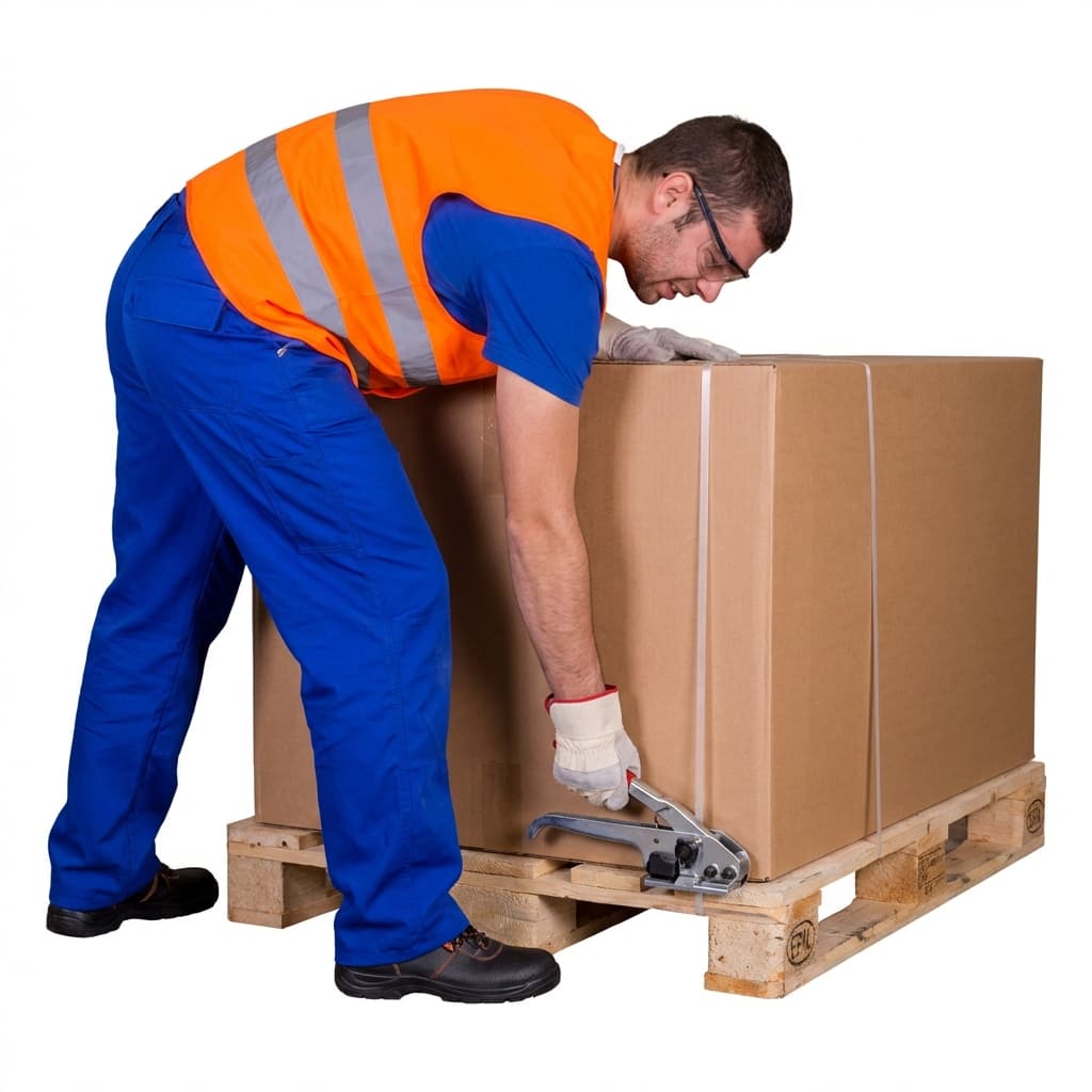 Worker bending over to manually strap a pallet